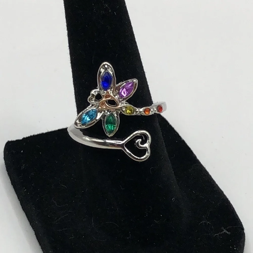 Dragonfly and Heart Ring silver Tone with Multicolored Rhinestones Adjus…